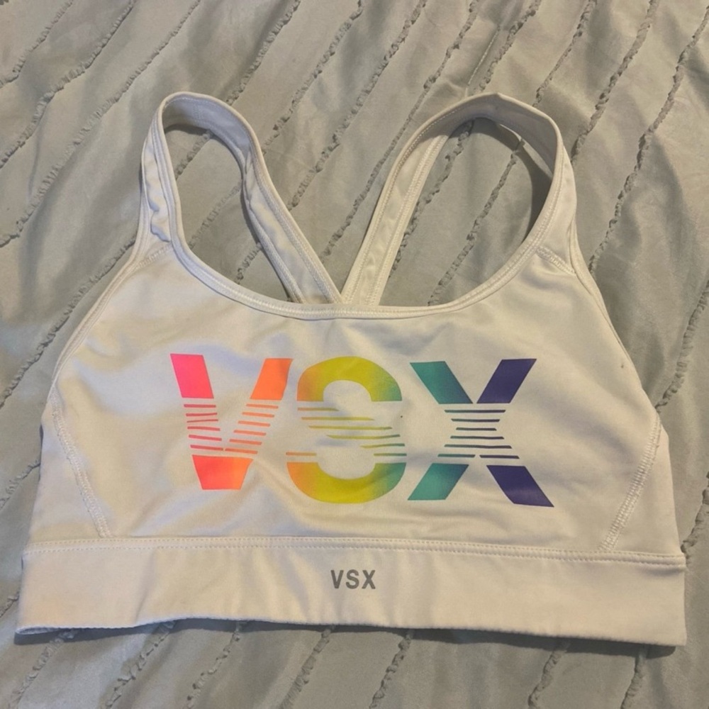 Victorias Secret VSX the Player Unlined XS Racerback Sports Bra White Rainbow